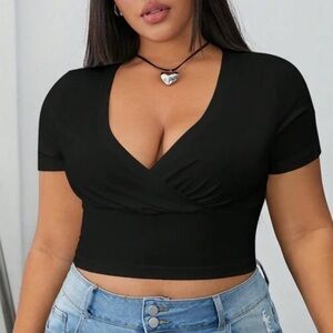 Black V-Neck Short Sleeve Crop Top